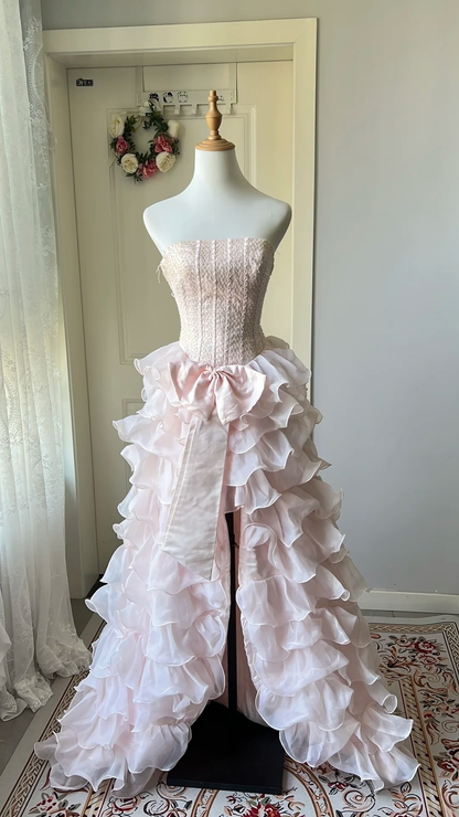 Pretty Sweet 16 Dress Long Strapless Pink With Bow-knot Layers Ball Gown Sweet Sixteen Party Birthday Dresses RC0677