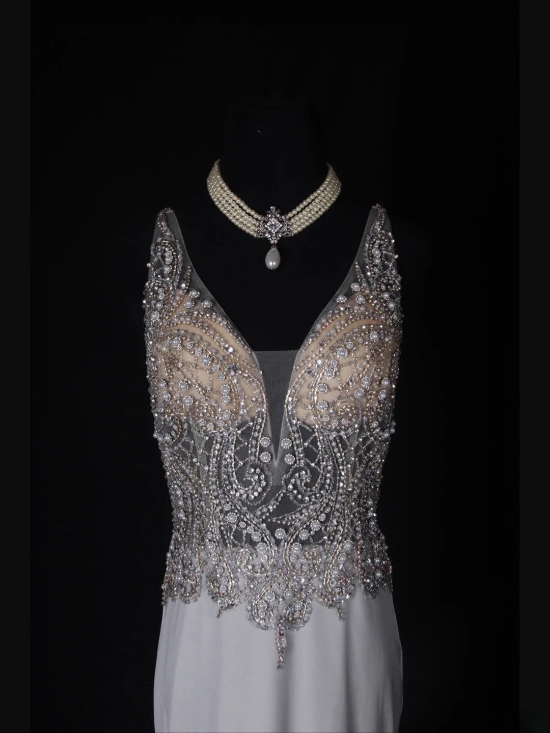 Vintage Mermaid V Neck Silver 1970s With Silver Beads Bodice Long Prom Dresses Inspo 19th Birthday Outfit Formal Gown AS354