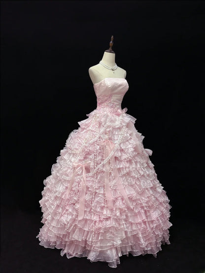 Luxury Pink Ball Gown Strapless Poofy Long With Ruffled Tiered Lace Quince Dress inspo Quinceanera Dresses Sweet 15 16 Outfits RB7807