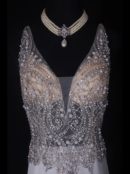 Vintage Mermaid V Neck Silver 1970s With Silver Beads Bodice Long Prom Dresses Inspo 19th Birthday Outfit Formal Gown AS354