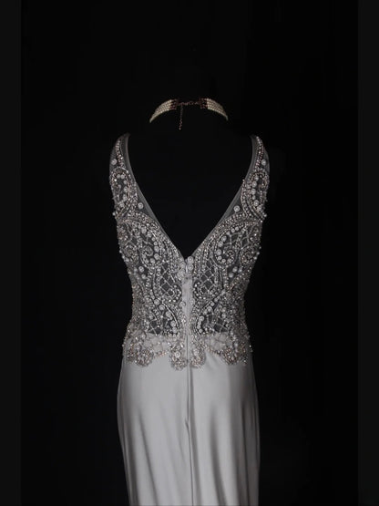 Vintage Mermaid V Neck Silver 1970s With Silver Beads Bodice Long Prom Dresses Inspo 19th Birthday Outfit Formal Gown AS354