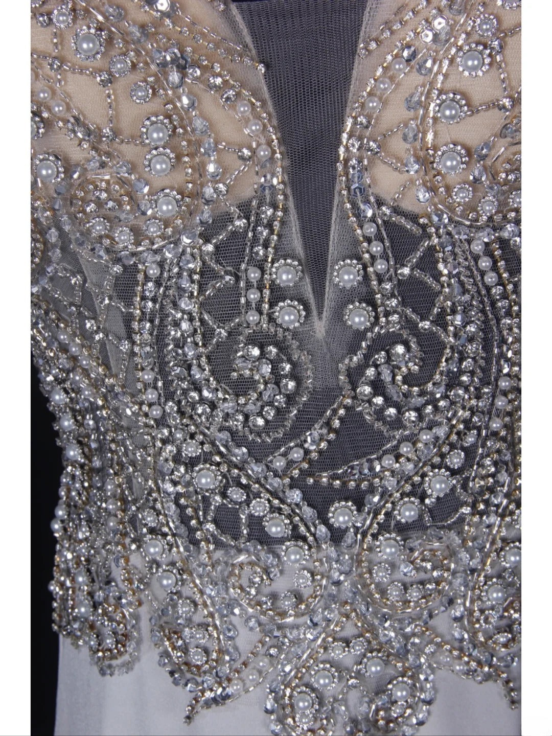 Vintage Mermaid V Neck Silver 1970s With Silver Beads Bodice Long Prom Dresses Inspo 19th Birthday Outfit Formal Gown AS354