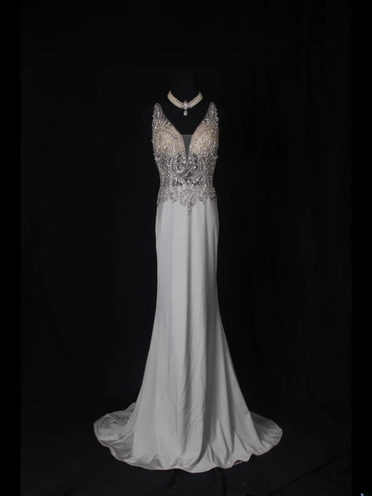 Vintage Mermaid V Neck Silver 1970s With Silver Beads Bodice Long Prom Dresses Inspo 19th Birthday Outfit Formal Gown AS354
