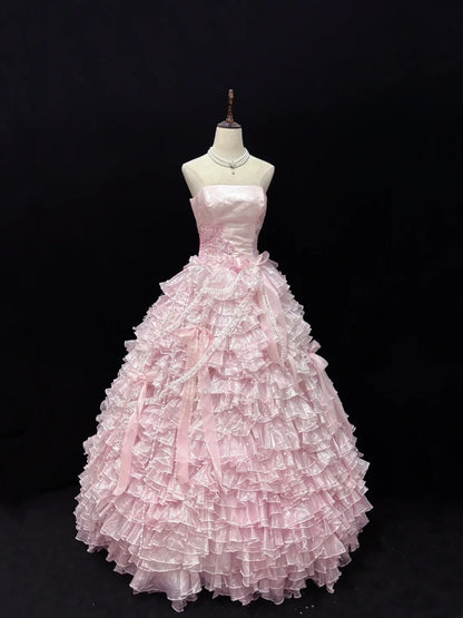 Luxury Pink Ball Gown Strapless Poofy Long With Ruffled Tiered Lace Quince Dress inspo Quinceanera Dresses Sweet 15 16 Outfits RB7807