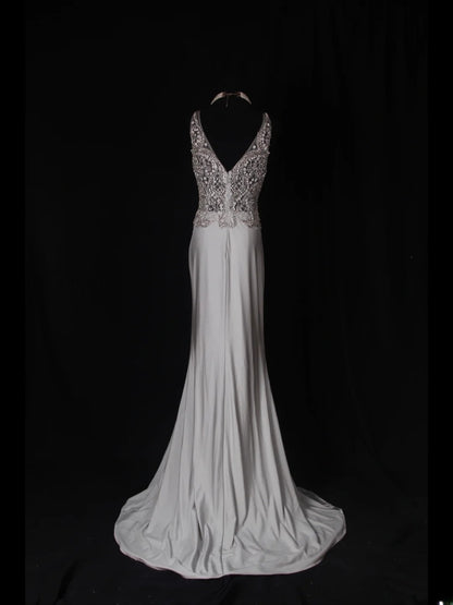 Vintage Mermaid V Neck Silver 1970s With Silver Beads Bodice Long Prom Dresses Inspo 19th Birthday Outfit Formal Gown AS354