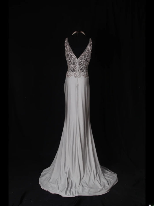 Vintage Mermaid V Neck Silver 1970s With Silver Beads Bodice Long Prom Dresses Inspo 19th Birthday Outfit Formal Gown AS354