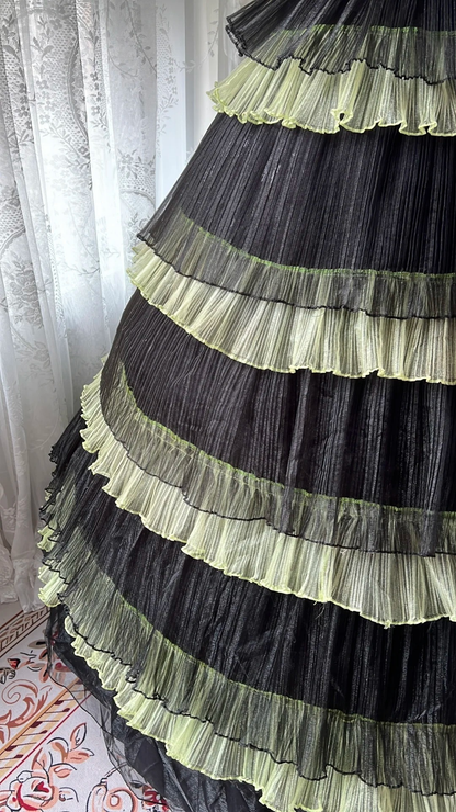 Sweet 15 Quinceanera Dress Ball Gown Spaghetti Straps Yellow Black With Tiered Layers Long 16th Birthday Outfits RC0678