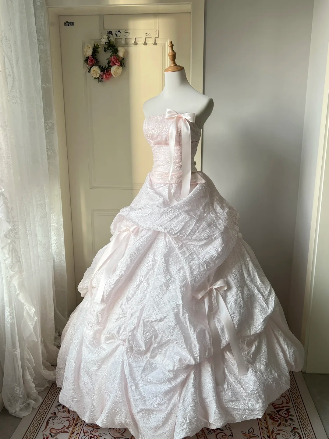Pretty Sweet 16 Dress Long Strapless Pink With Bow-knot Satin Ball Gown Sweet Sixteen Party Birthday Dresses RC0679