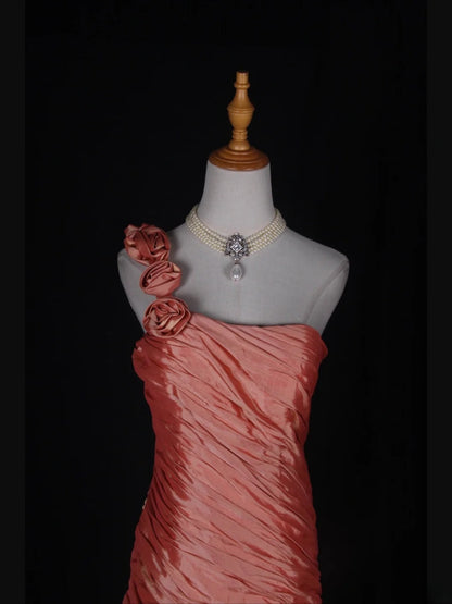 Vintage Mermaid One Shoulder 1970s With Pleated Ruffled Taffeta Bodice Long Prom Dresses Inspo 19th Birthday Outfit Formal Gown AS357