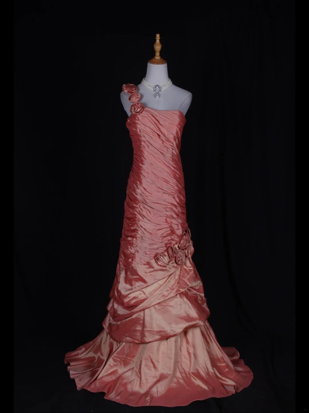 Vintage Mermaid One Shoulder 1970s With Pleated Ruffled Taffeta Bodice Long Prom Dresses Inspo 19th Birthday Outfit Formal Gown AS357