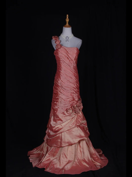 Vintage Mermaid One Shoulder 1970s With Pleated Ruffled Taffeta Bodice Long Prom Dresses Inspo 19th Birthday Outfit Formal Gown AS357