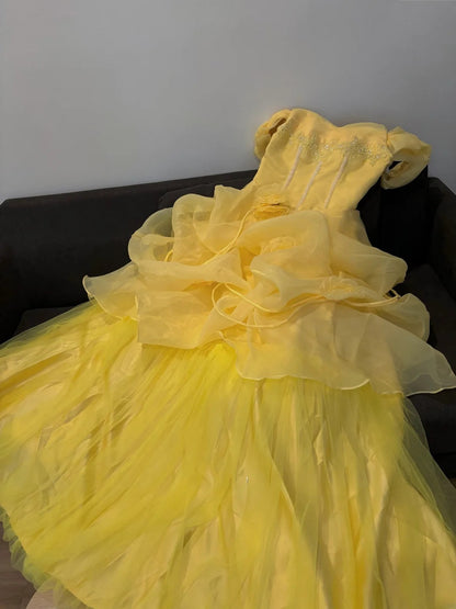 Luxury Ball Gown Off The Shoulder Yellow Poofy Long With Ruffled Tiered Lace Quince Dress inspo Quinceanera Dresses Sweet 15 16 Outfits RB7810