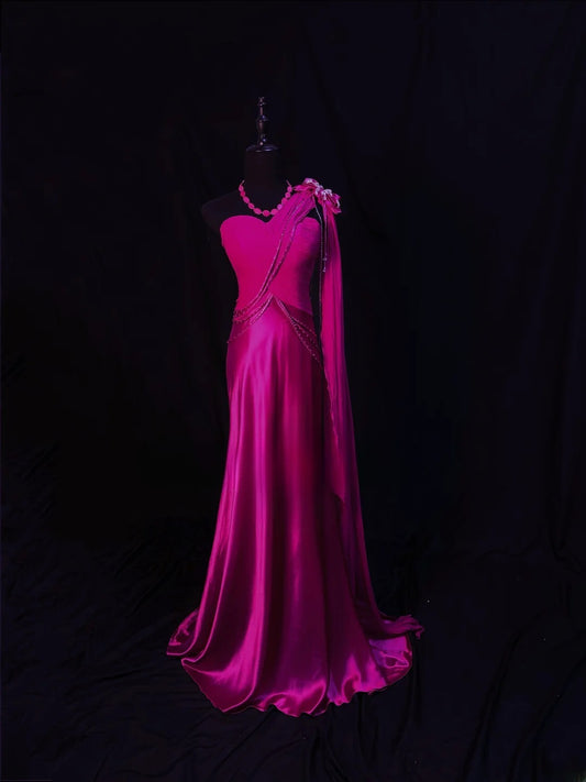 Vintage Prom Dresses Mermaid One Shoulder Hot Pink Satin With Beading 1950s Retro Classy Long Party Formal Outfits RB6185