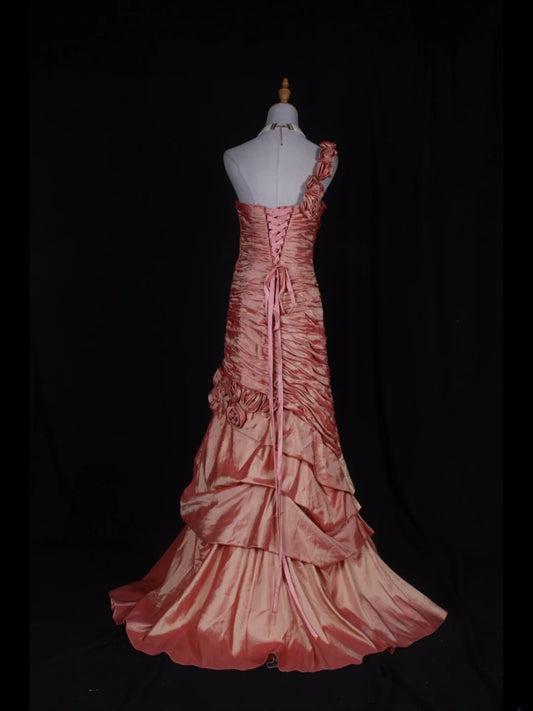 Vintage Mermaid One Shoulder 1970s With Pleated Ruffled Taffeta Bodice Long Prom Dresses Inspo 19th Birthday Outfit Formal Gown AS357