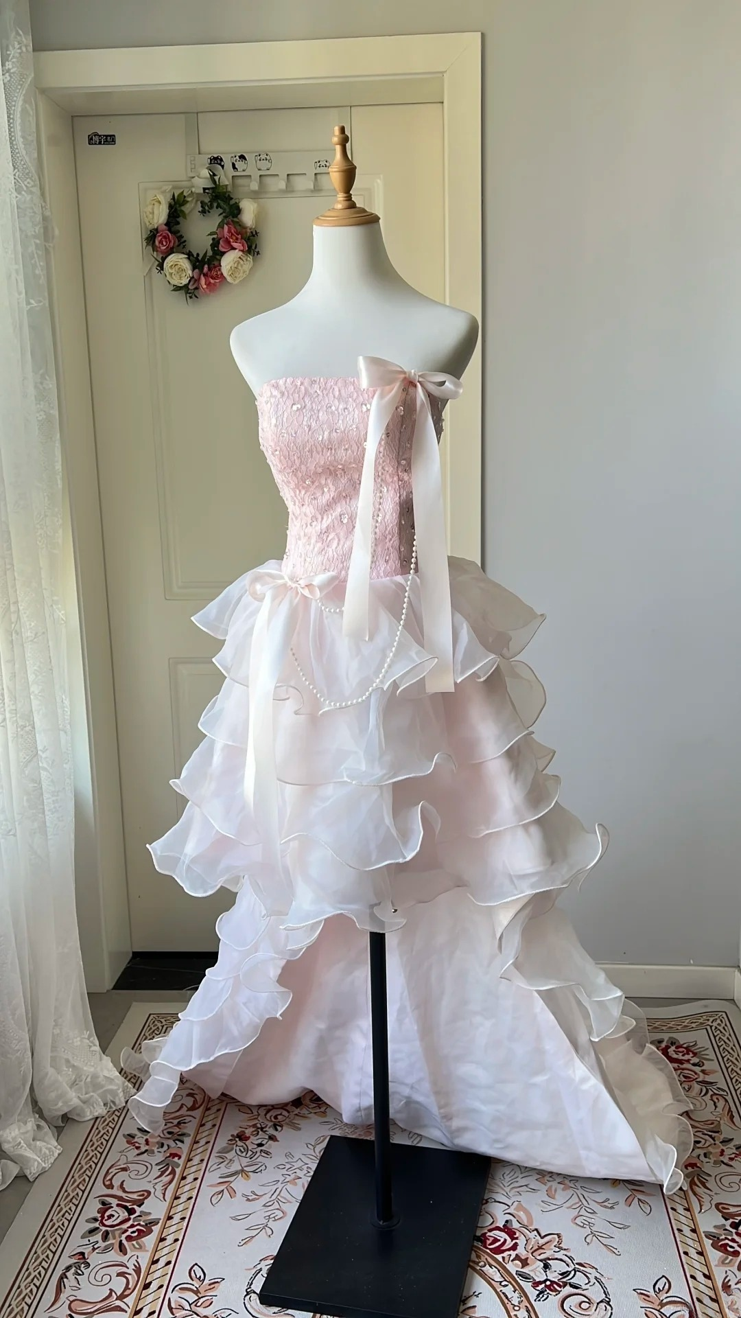 Modest Prom Dresses Aesthetic High Low Pink Strapless Organza Straps Evening Outfits RC0681
