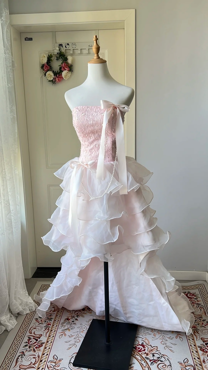 Modest Prom Dresses Aesthetic High Low Pink Strapless Organza Straps Evening Outfits RC0681