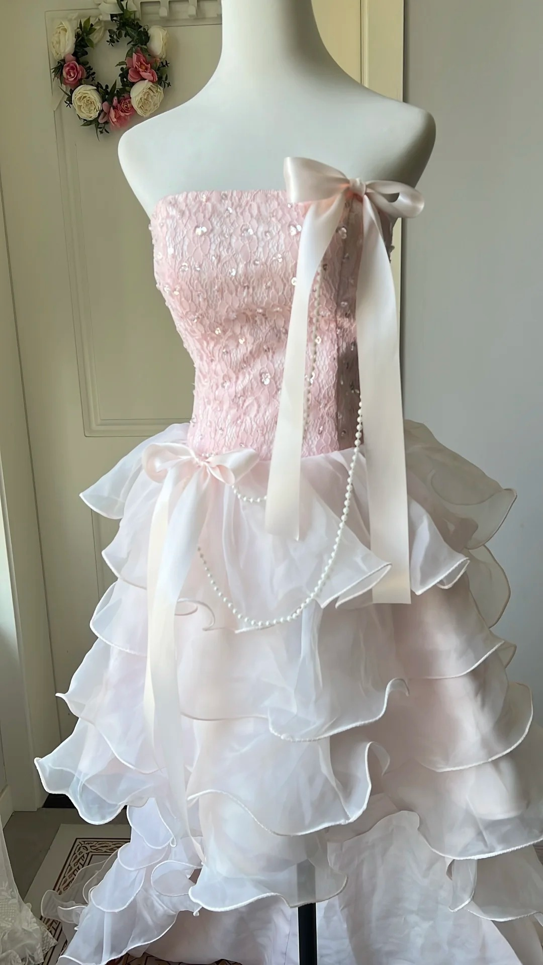 Modest Prom Dresses Aesthetic High Low Pink Strapless Organza Straps Evening Outfits RC0681