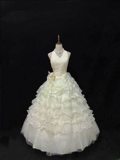 Vintage 70s Ball Gown Halter Ivory Lace Sweep Train With Tiered Layers Brides Gown Bridal Dress Wedding Dresses RB7811