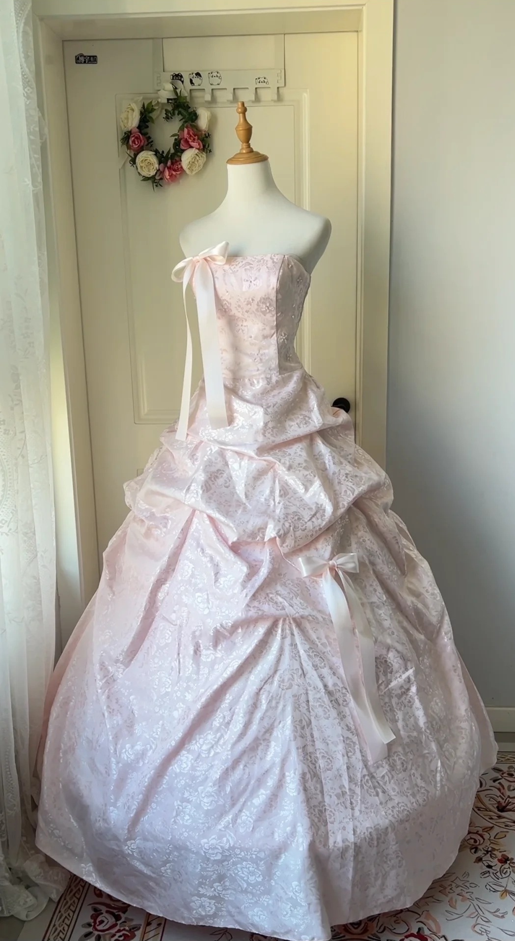 Cute Sweet 16 Dress Long Strapless Pink With Bow-knot Satin Ball Gown Sweet Sixteen Party Birthday Dresses RC0683