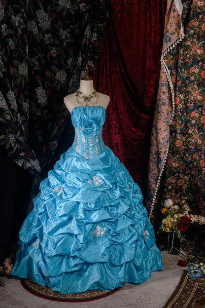 Charming Ball Gown Formal Events Strapless Blue With Tiered Appliqued Quince Dress Quinceanera Dresses Birthday Outfits RB8576