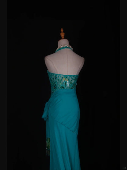 Retro 60s High Low V Neck Blue Chiffon With Beads Lace Prom Dresses Inspo 22th Birthday Outfit Formal Gown AS360