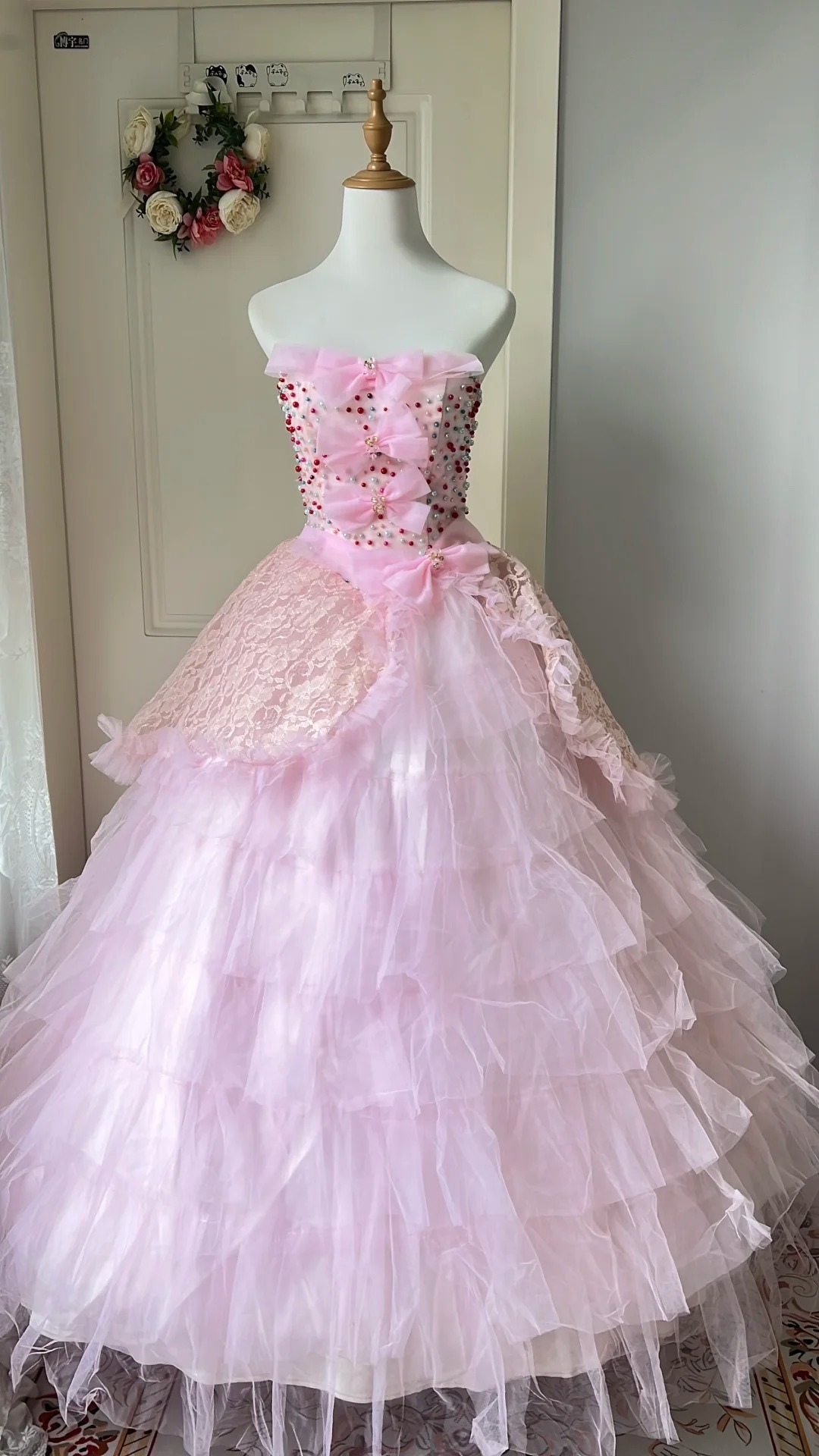 Cute Sweet 16 Dress Long Strapless Pink With Bow-knot Sequin Ball Gown Sweet Sixteen Party Birthday Dresses RC0684