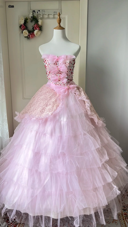 Cute Sweet 16 Dress Long Strapless Pink With Bow-knot Sequin Ball Gown Sweet Sixteen Party Birthday Dresses RC0684