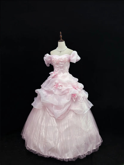 Luxury Ball Gown Off The Shoulder Pink Poofy Long With Ruffled Tiered Quince Dress inspo Quinceanera Dresses Sweet 15 16 Outfits RB7814