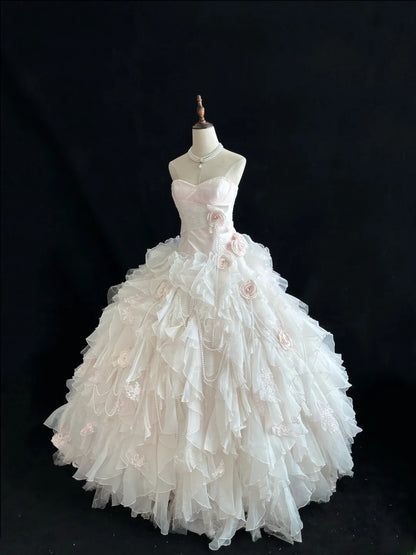 Beautiful Ball Gown Sweetheart Light Pink Poofy Long With Ruffled Tiered Flowers Quince Dress inspo Quinceanera Dresses Sweet 15 16 Outfits RB7816