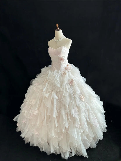 Beautiful Ball Gown Sweetheart Light Pink Poofy Long With Ruffled Tiered Flowers Quince Dress inspo Quinceanera Dresses Sweet 15 16 Outfits RB7816