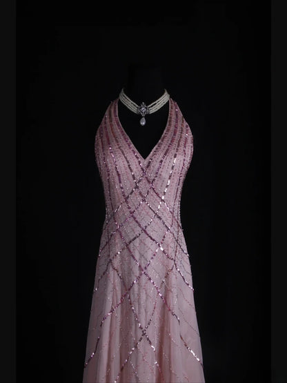 Retro 60s A Line V Neck Rose Pink Chiffon With Beads Long Prom Dresses Inspo 22th Birthday Outfit Formal Gown AS362