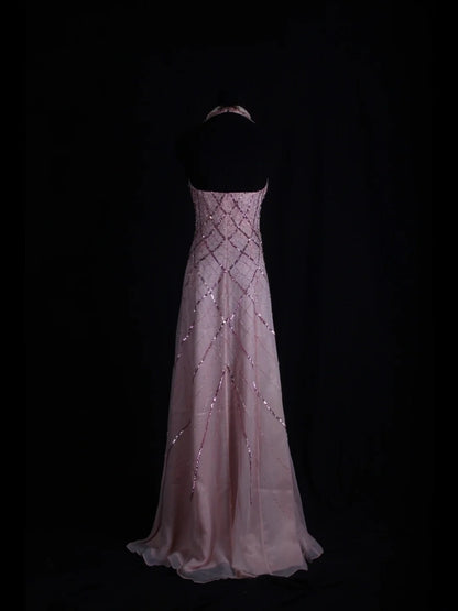 Retro 60s A Line V Neck Rose Pink Chiffon With Beads Long Prom Dresses Inspo 22th Birthday Outfit Formal Gown AS362