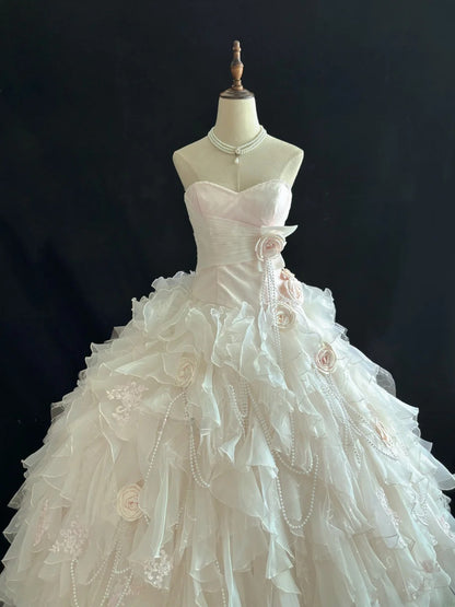 Luxury Ball Gown Sweetheart Light Pink Poofy Long With Ruffled Tiered Flowers Quince Dress inspo Quinceanera Dresses Sweet 15 16 Outfits RB7815