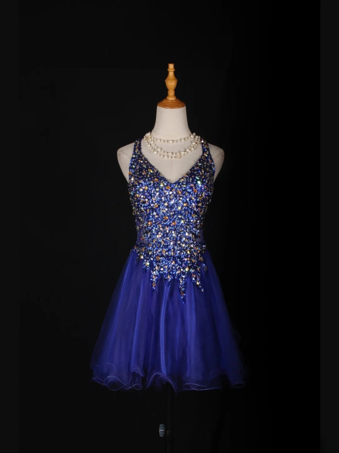 Vintage A line Halter Royal Blue Tulle With Gold Beads Short 18th Birthday Dress Homecoming Dresses Cocktail Gown AS363