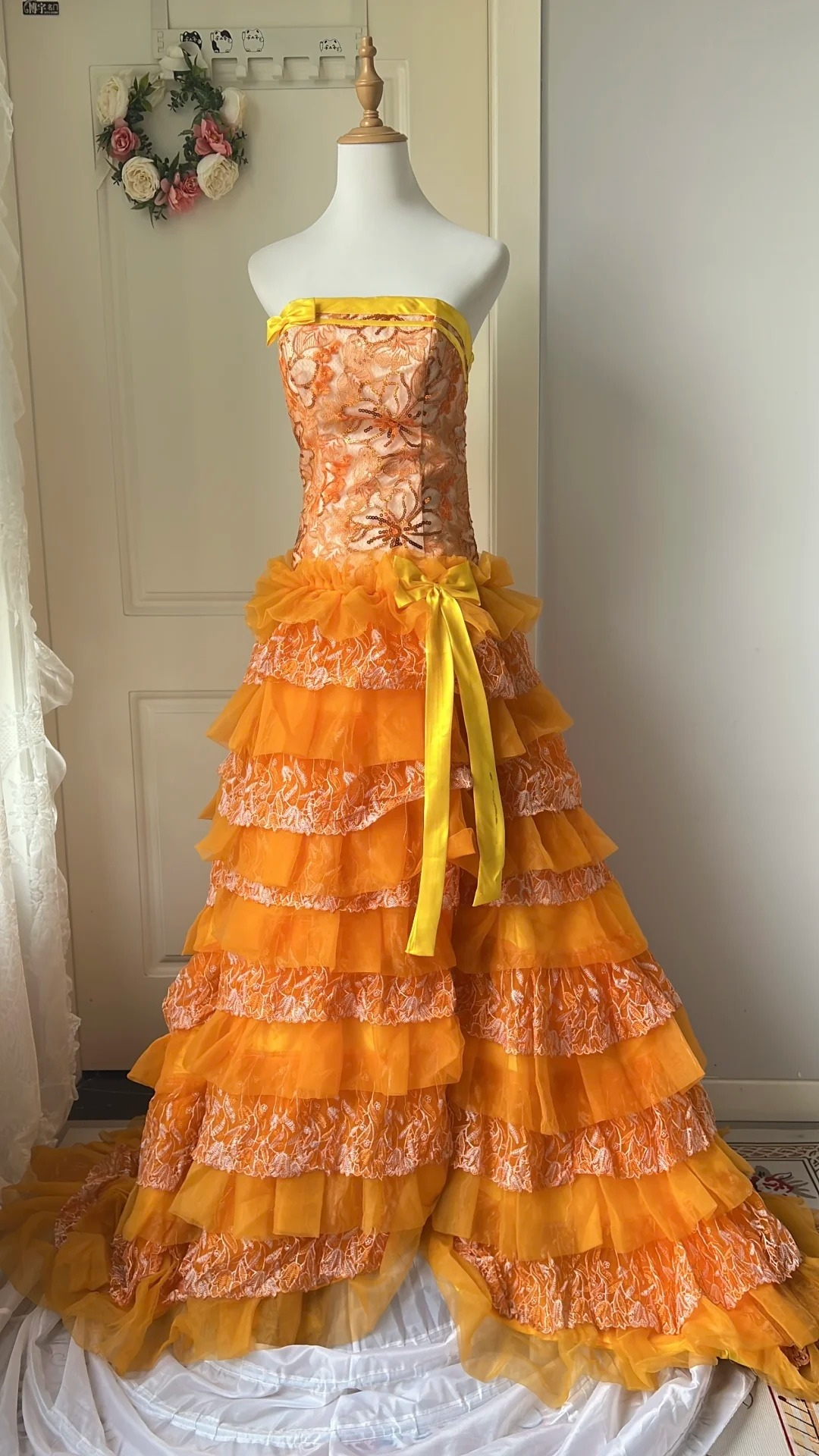 Modest Prom Dresses Aesthetic A line Orange Strapless Tulle Lace Long Evening Outfits RC0686