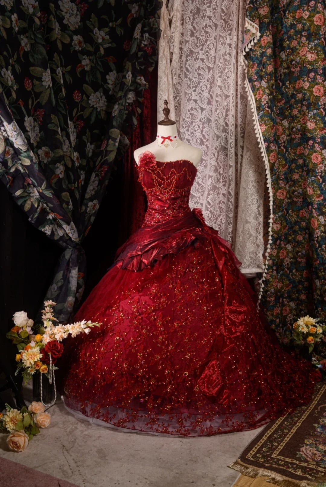Charming Ball Gown Formal Events Strapless Burgundy With Lace 15 Anos Quince Dress Quinceanera Dresses RB8577