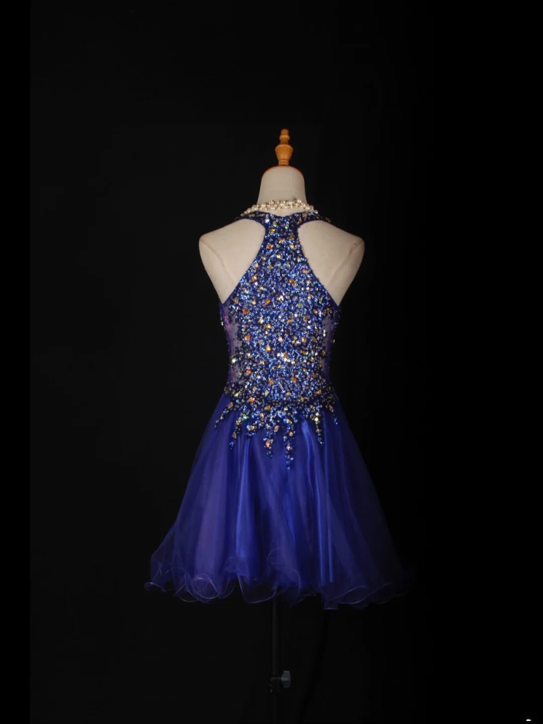 Vintage A line Halter Royal Blue Tulle With Gold Beads Short 18th Birthday Dress Homecoming Dresses Cocktail Gown AS363