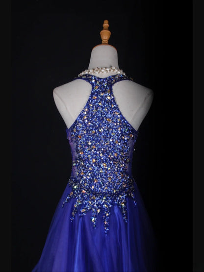 Vintage A line Halter Royal Blue Tulle With Gold Beads Short 18th Birthday Dress Homecoming Dresses Cocktail Gown AS363