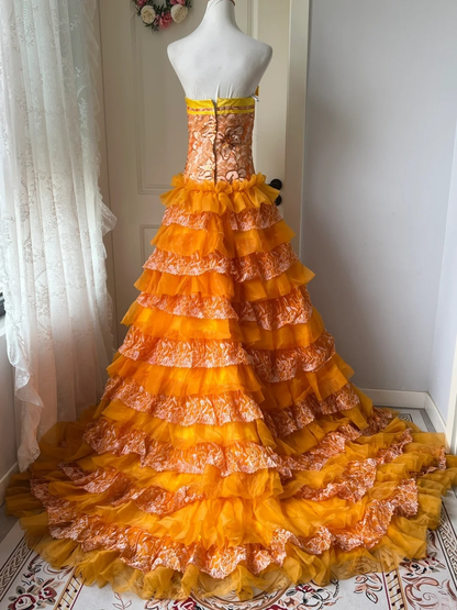 Modest Prom Dresses Aesthetic A line Orange Strapless Tulle Lace Long Evening Outfits RC0686