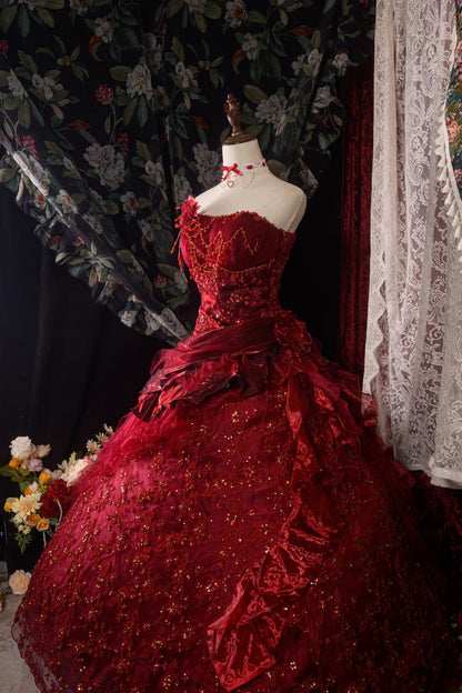 Charming Ball Gown Formal Events Strapless Burgundy With Lace 15 Anos Quince Dress Quinceanera Dresses RB8577