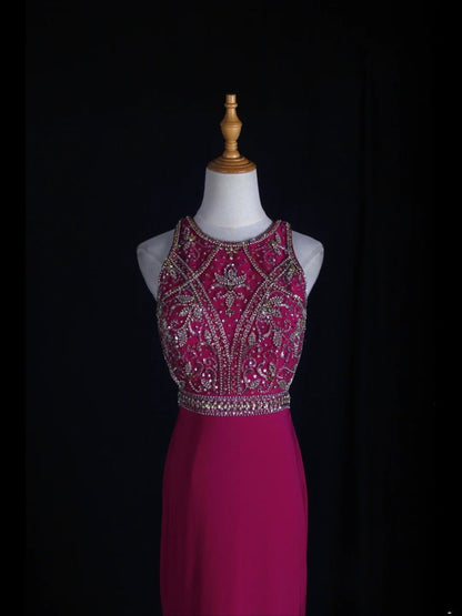 Vintage Mermaid 80s Scoop Hot Pink Backless Beads With Beaded Open Backs Long Prom Dresses Inspo Birthday Outfit Formal Gowns AS364
