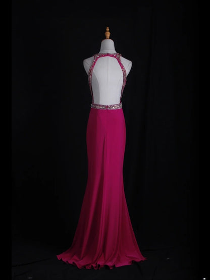 Vintage Mermaid 80s Scoop Hot Pink Backless Beads With Beaded Open Backs Long Prom Dresses Inspo Birthday Outfit Formal Gowns AS364