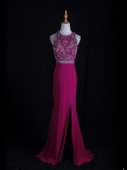 Vintage Mermaid 80s Scoop Hot Pink Backless Beads With Beaded Open Backs Long Prom Dresses Inspo Birthday Outfit Formal Gowns AS364