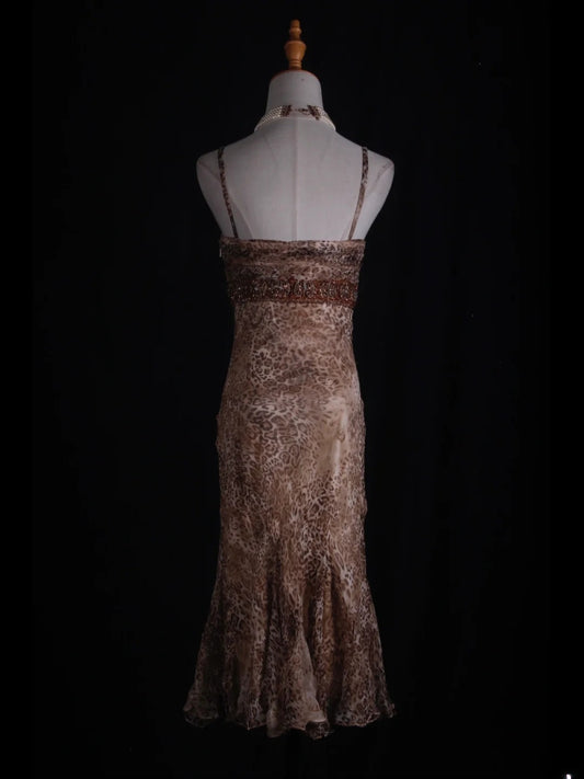 Vintage Mermaid Spaghetti Straps Leopard Print Beaded Bodice Plus Size Tea Length 18th Birthday Outfits Homecoming Dresses Cocktail Gown AS365