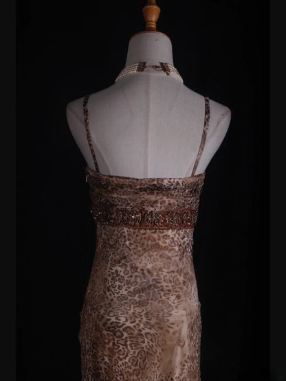 Vintage Mermaid Spaghetti Straps Leopard Print Beaded Bodice Plus Size Tea Length 18th Birthday Outfits Homecoming Dresses Cocktail Gown AS365