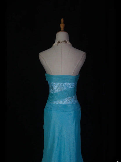 Retro 1950s Mermaid Strapless Blue Chiffon With Beads Lace Long Prom Dresses Inspo 22th Birthday Outfit Formal Gown AS366