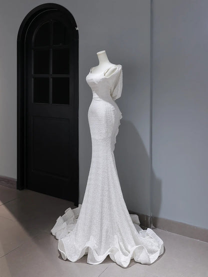 Simple Mermaid Spaghetti Strap Sequin Wedding Gown Style for Bride With Fitted Petite Plus Size Backless Bridal Dress AS366