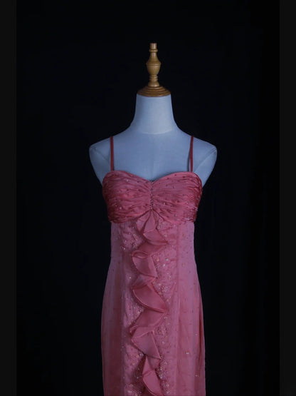 Retro 60s High Low Spaghetti Straps Pink Chiffon With Beads Prom Dresses Inspo 22th Birthday Outfit Formal Gown AS367