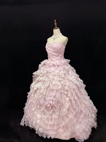 Beautiful Ball Gown Sweetheart Pink Poofy Long With Ruffled Tiered Chiffon Quince Dress inspo Quinceanera Dresses Sweet 15 16 Outfits RB7821