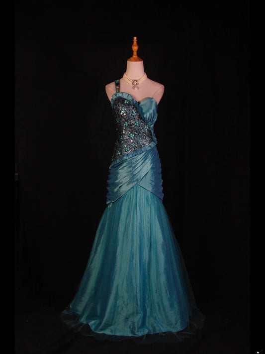 Vintage Mermaid One Shoulder 1950s With Pleated Ruffled Taffeta Bodice Long Prom Dresses Inspo 19th Birthday Outfit Formal Gown AS368